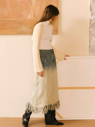 Stone Washed Demin Skirt with Frayed Hem