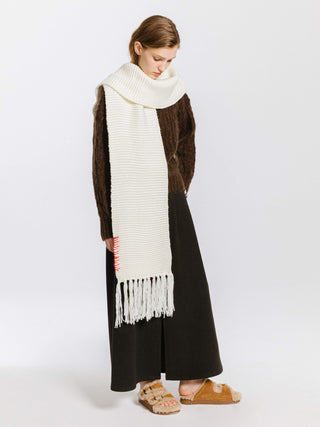 Fringed Long Scarf with Wool Blend