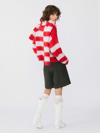 Striped Color Block Wool Knit Cardigan With Scarf