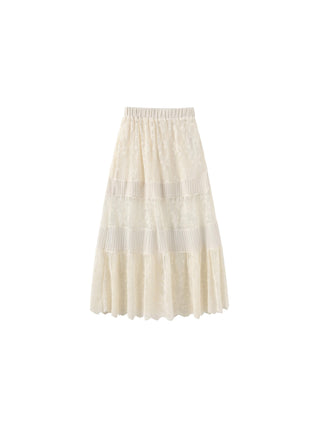 Textured Floral Print Lace Panel Skirt