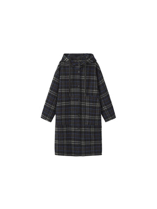 Checked Mid-length Wool Coat with Hood