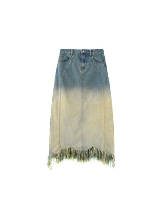 Stone Washed Demin Skirt with Frayed Hem