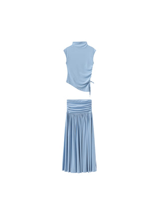 Sky Blue Irregular Hem T-shirt and Skirt Suit