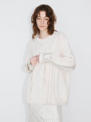 Cable Knit Jumper With Shirting Sleeves