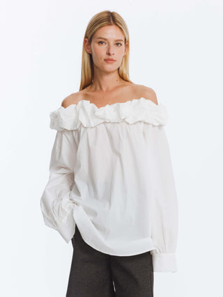 3D Ruffle Collar Long Sleeve Cotton Blouse