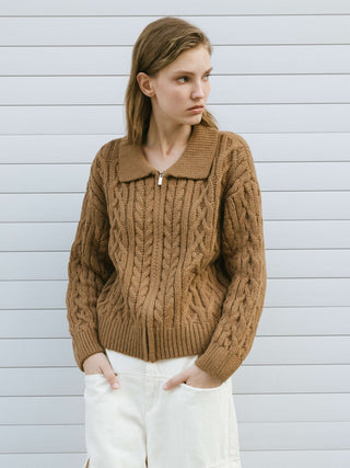 Lozenge and Cable Knit Zip Up Cardigan