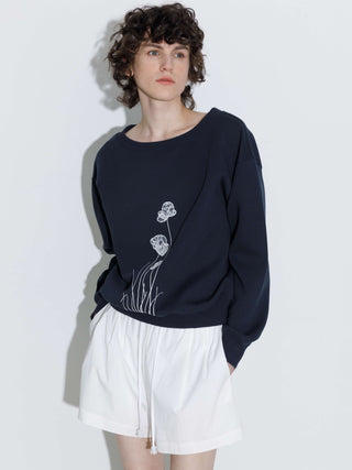 Lace Print Oversized Sweatshirt with Wide Neckline