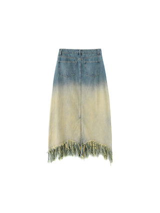 Frayed Hemline Stone Washed Long Demin Skirt
