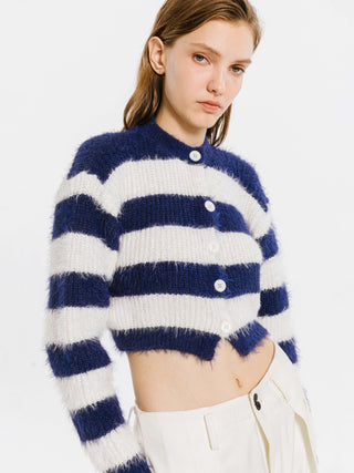 Striped Mock Neck Fluffy Cardigan