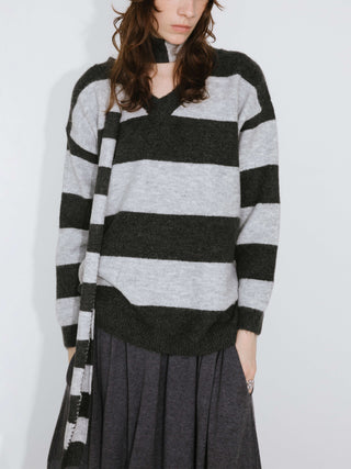 Oversized V-neck Contrast Striped Sweater With Scarf