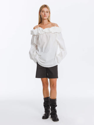 3D Ruffle Collar Long Sleeve Cotton Blouse