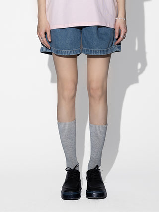 Wide Leg Pleated Denim Shorts