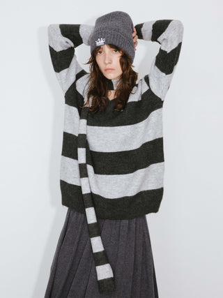 Oversized V-neck Contrast Striped Sweater With Scarf