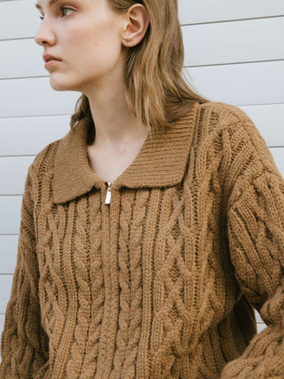 Lozenge and Cable Knit Zip Up Cardigan