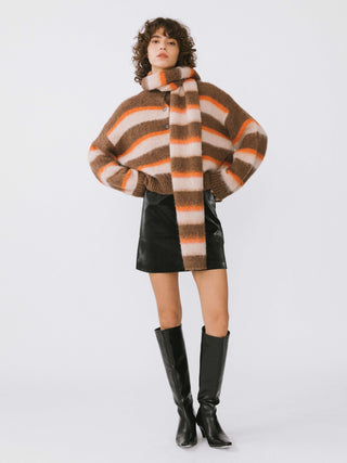 Striped Color Block Wool New Year Knit Cardigan With Scarf