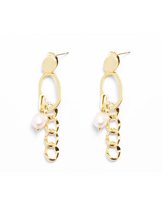Hoop and Chain Pearl Pendant Earrings