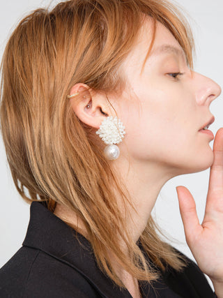 CUBIC Women's Large Pearl Flower Stud Earrings