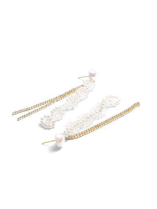 Long Pearl and Zircon Tassel Earrings