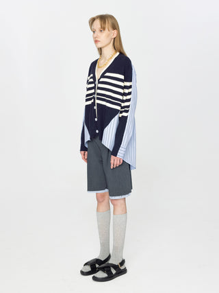 Navy Striped Knit Cardigan With Back Shirting
