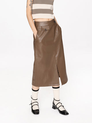 High Waist A-line PU Skirt with Back Slit