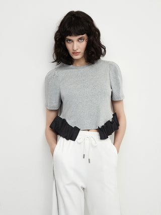 CUBIC Women's Puff Sleeve Contrast Colour Cotton T-Shirt