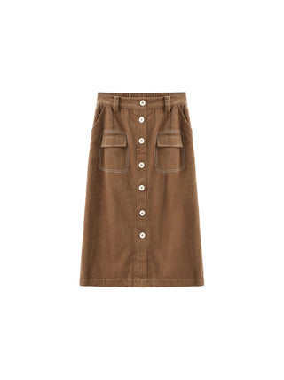 Buttoned Corduroy A-line Midi Skirt
