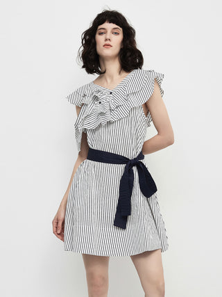 CUBIC Women's Striped Asymmetric Shoulder Belted Dress