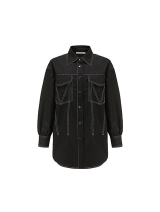 Contrast Topstitch Long Sleeved Casual Shirt