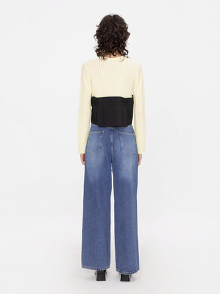 Cropped Knit Top with Shirting Panel