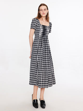 Square Neck Checkered Midi Dress
