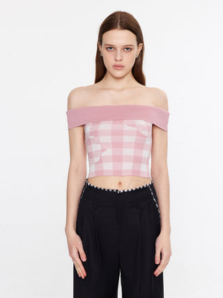 Off-Shoulder Checkered Knit Cami Top