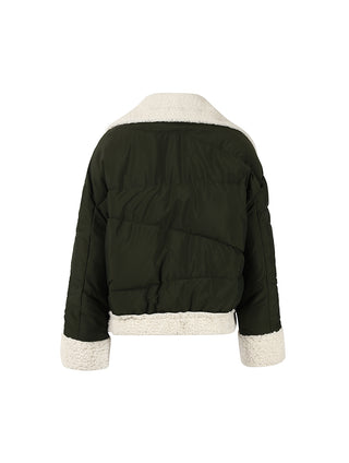 Army Green Padded Coat With Faux Fur Oversized Collar