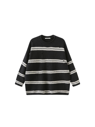 Round Neck Striped Distressed Knit Sweater