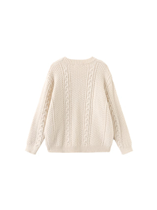 Round Neck Cable and Ribbed Knit Jumper