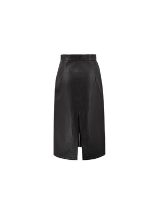 High Waist A-line PU Skirt with Back Slit