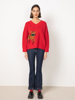 CUBIC Women's Tiger Jacquard V-Neck Knit Sweater