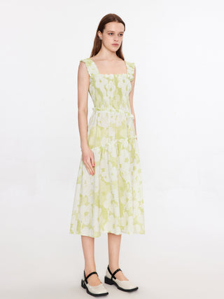 PLAID AND FLORAL A-LINE LIGHT GREEN MIDI DRESS