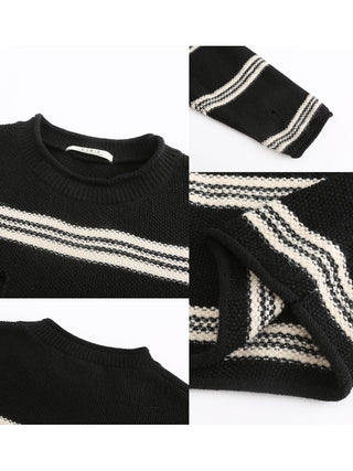 Round Neck Striped Distressed Knit Sweater