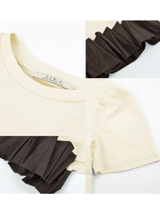 CUBIC Women's Puff Sleeve Contrast Colour Cotton T-Shirt