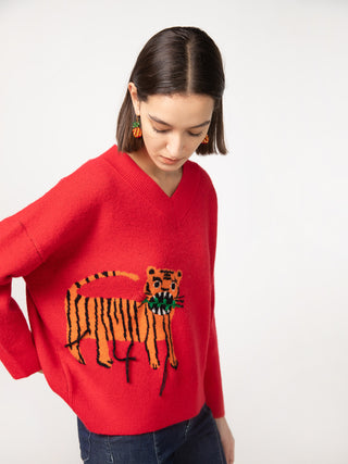 CUBIC Women's Tiger Jacquard V-Neck Knit Sweater